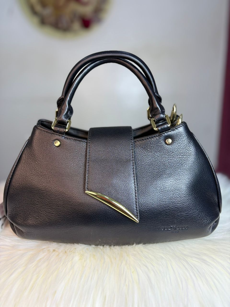Sac à Main en Cuir Grainé – Poignées Rondes & Fermoir Doré